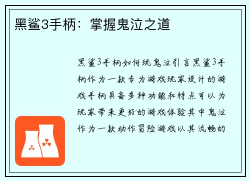黑鲨3手柄：掌握鬼泣之道